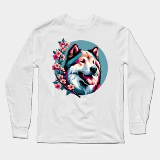 Karelian Bear Dog Delights in Spring Cherry Blossoms Long Sleeve T-Shirt